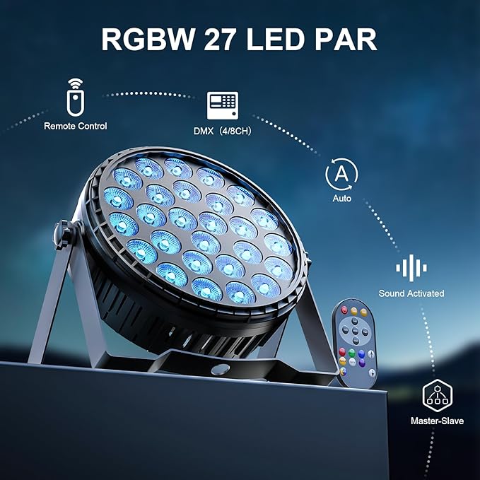 LED Par Light RGBW 4in1 160W 27Leds Stage Lights Remote & DMX Controlled Sound Activated Auto Play 8/4 Channel Uplights for Events Wedding Halloween Birthday Party Dance Stage Lighting (4 Packs)