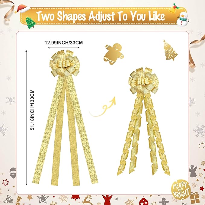 Dayker Christmas Tree Topper Bow, 51x13 Inches Handmade Gold Wreath Bows, Large Ribbon Ornaments with Wired Edge, Xmas Long Streamers Bowknot for Birthday Wedding Party Home Door Porch Decor