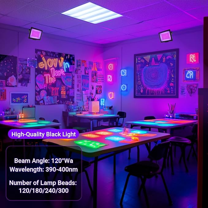 2 Pack 300W LED Black Light IP66 Waterproof,Blacklight with Plug and Switch,Flood Light for Glow Party,Halloween Decoration, Body Paint, Fluorescent Poster, Stage Lighting,Neon Glow,5.25Ft Cord