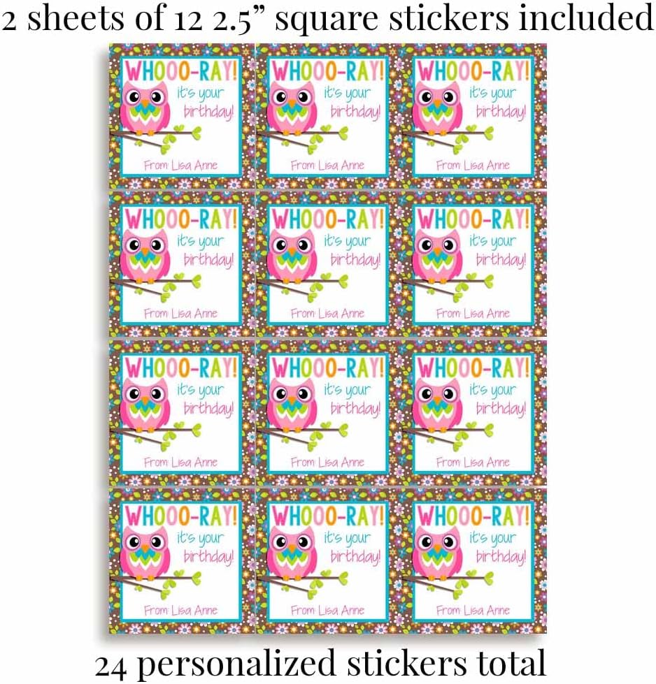 Custom & Personalized Colorful Floral Owl Happy Birthday Gift Tag Sticker Labels, 24 2.5" Square Stickers by Amanda Creation