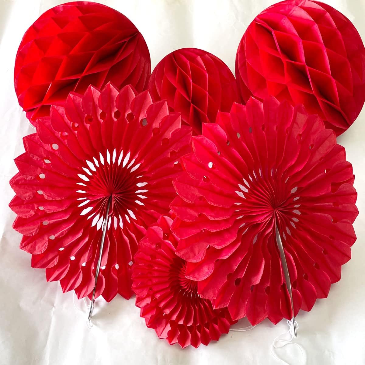 12pcs 6'' 8'' Red Honeycomb Balls Tissue Paper Fans Party Honeycomb Ball Fans Wall Decor Tissue Pom Poms Flower Balls Hanging Paper Fans for Party Baby Shower Birthday Wedding Nursery Decor(red kit)