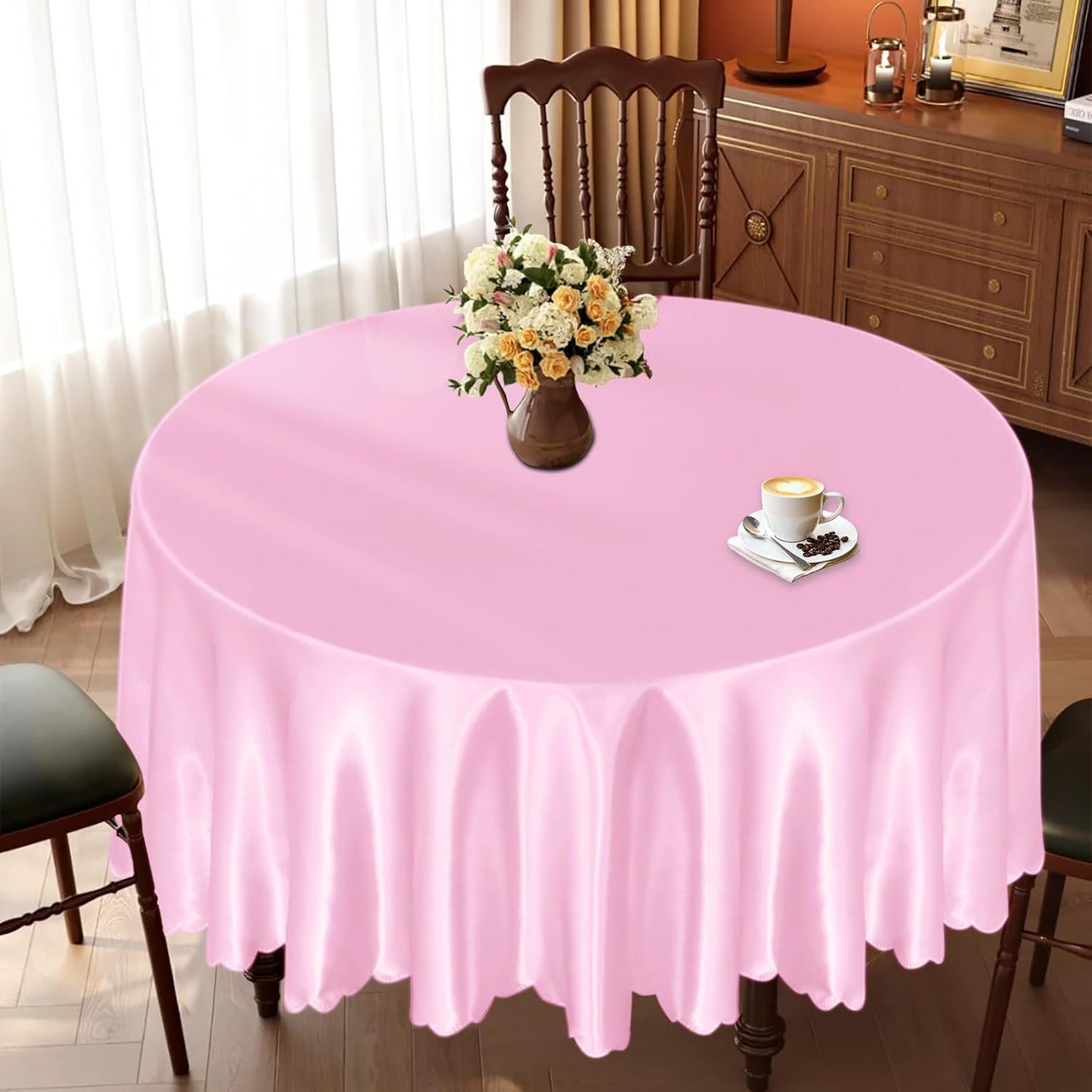 KKJIAF 1 Pack Round Table Cloths 90 Inch, Light Pink Overlay Round Satin Table Cover, Silky Satin Dining Tablecloths for Wedding Buffet Parties Banquet Decoration