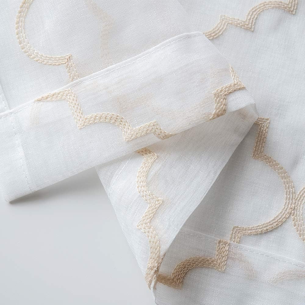 Sheer Curtains Gold 95 Inches Long, Rod Pocket Drapes for Living room, Bedroom, Embroidered Moroccan Tile Lattice Design Semi Crinkle Voile Curtain Panels for Patio, Villa, Parlor, Set of 2, 52"x95".