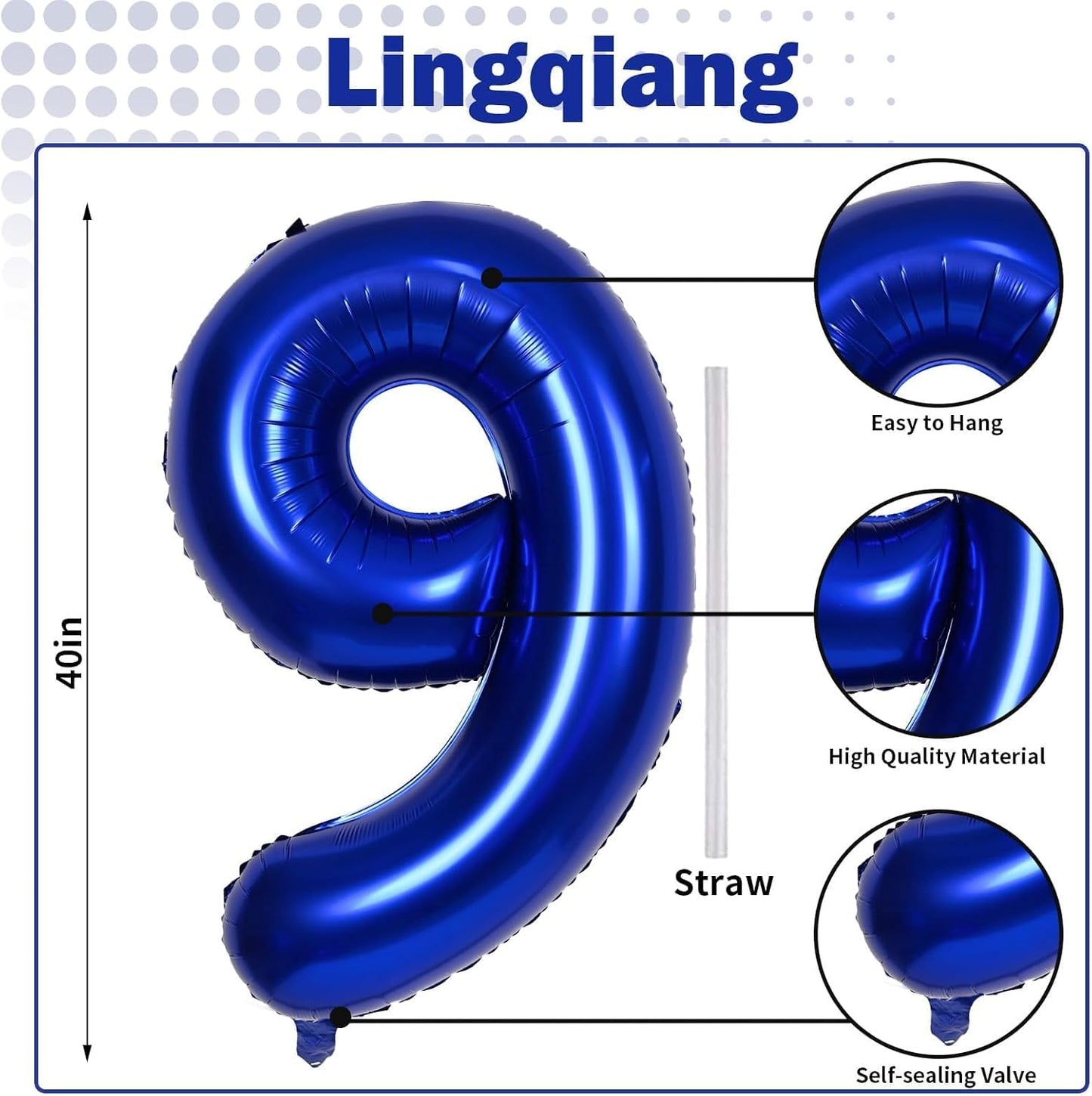 40 Inch Navy Blue Foil Balloon Number 9, Large Self Inflating Dark Blue Number Balloons 0-9 Helium Balloons Set for Boys 9th Birthday Men Anniversary Graduation Party Decoration Supplies