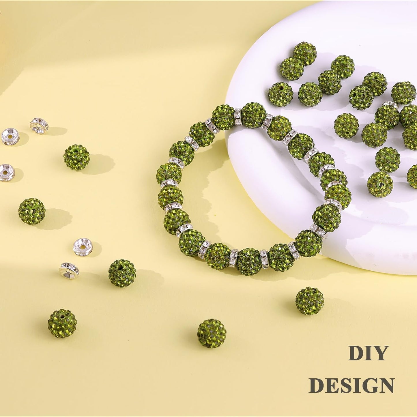 80pcs 10mm Olivine Rhinestone Beads for Jewelry Making, Shiny Round Shamballa Clay Christmas for Bracelet Baseball Necklace Earring and DIY Decoration Crafting