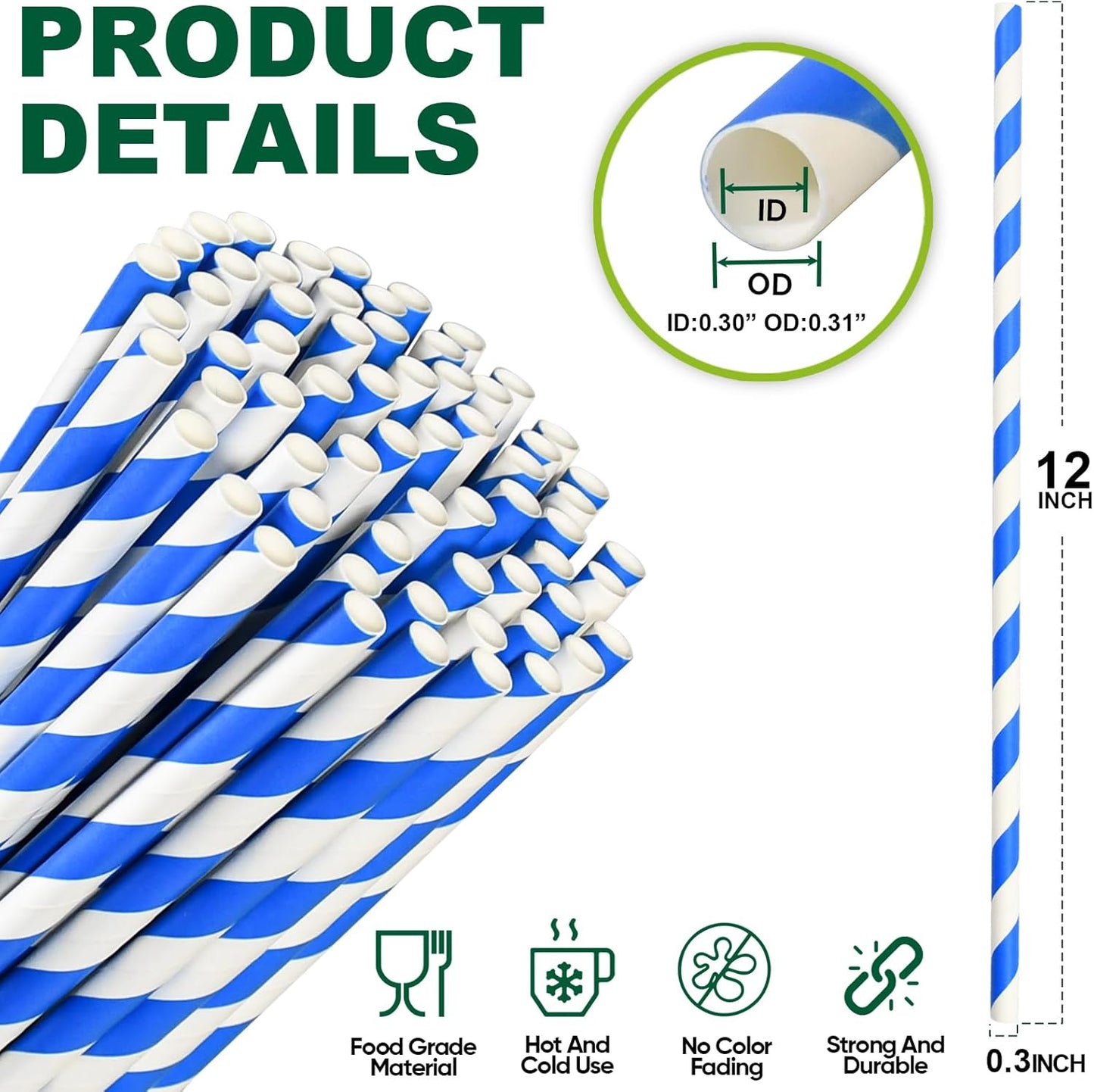 12 Inch Disposable Paper Drinking Straws Large and Tall, 8mm Wide - for Long Drinks, Smoothies, Milkshakes - Blue, 100 Counts - Eco-friendly