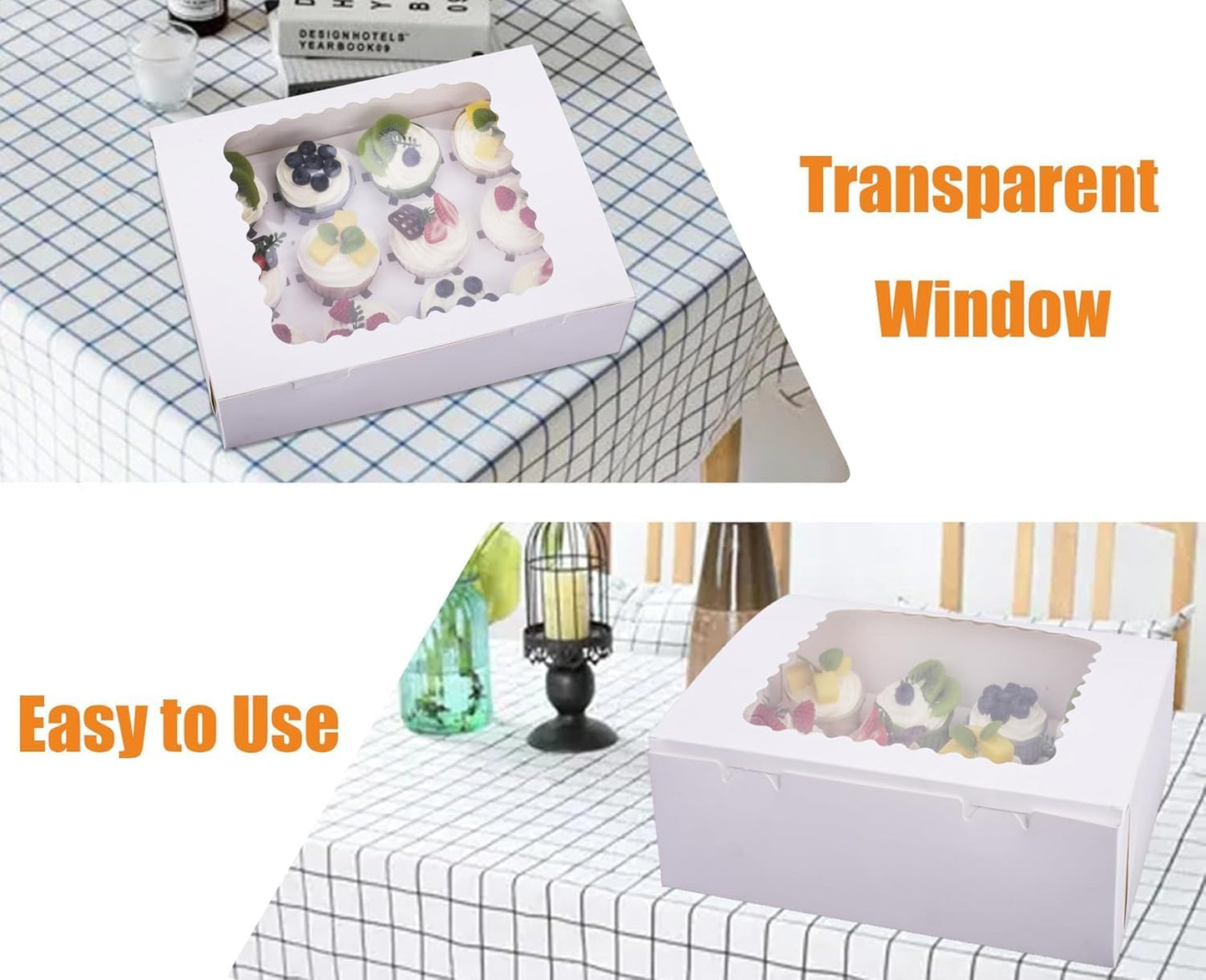 2-Set Cupcake Boxes Hold 12 Standard Cupcakes, Food Grade Cupcake Holders Bakery Carrier Boxes with Windows and Inserts for Cupcakes, Muffins and Pastries (White-2 Pack)