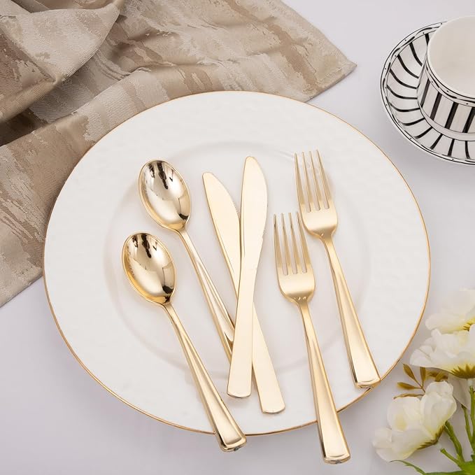 Liacere 200Pcs Gold Plastic Silverware-Gold Plastic Cutlery - Disposable Silverware include 100 Forks 50 Spoons 50 Knives Perfect for Parties & Weddings & Restaurants &Christmas & New Year