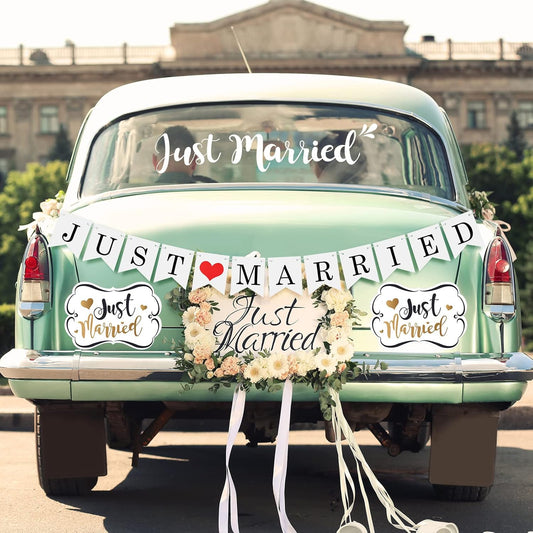 Tallew 4 Sets Just Married Car Decorations Ornate Magnets 12 x 7.5, Wedding Day Car Window Decals 5.1 x 22.4, Just Married Sign Banner Decorations for Honeymoon Wedding