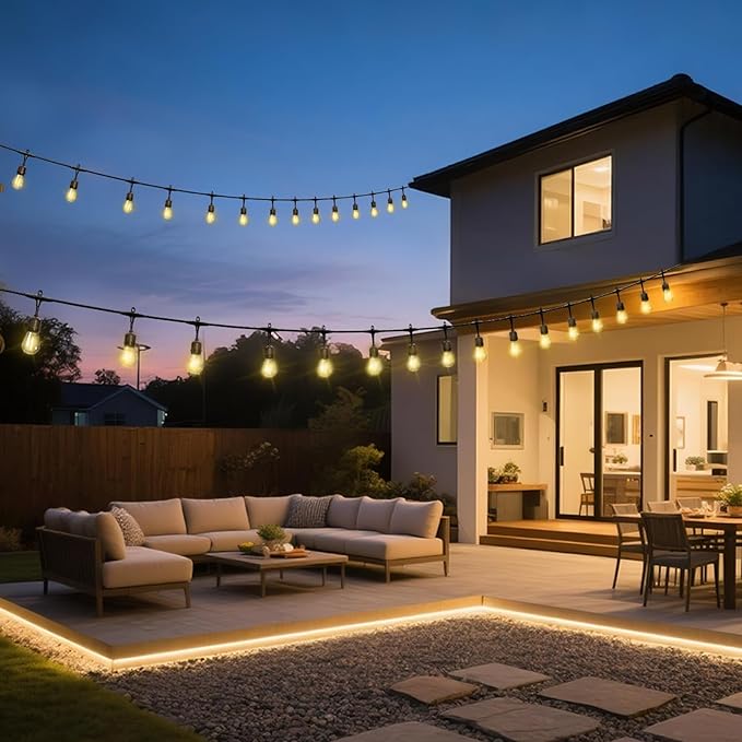 Outdoor Safety String Lights 50FT - Commercial Grade Low Voltage Strand with 20 S14 Shatterproof Bulbs for Tree Garden Yard bistro Cafe | Warm Yellow 3500K Party Lights | IP65 Waterproof | UL Listed