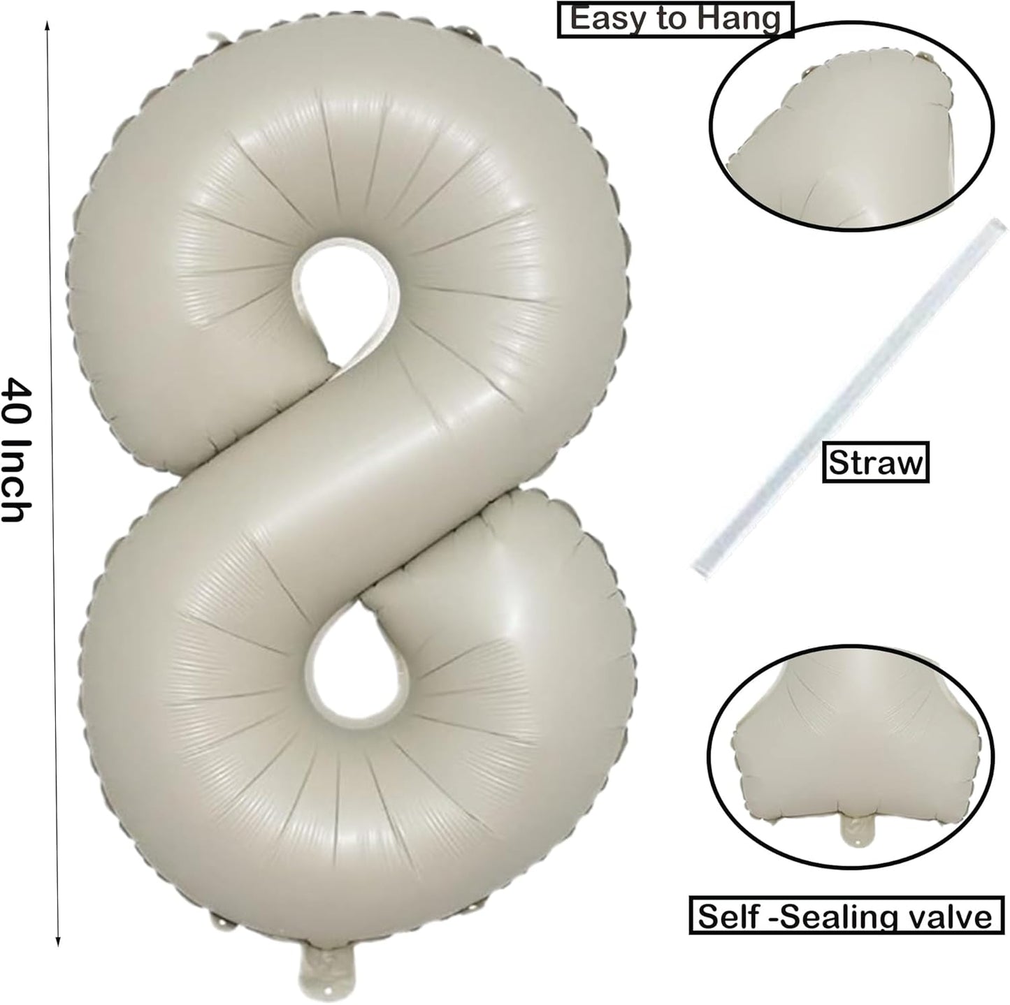 40 Inch Cream White Number 8 Balloon Mylar Big Foil Helium Number 8 18 28 38 48 58 68 88 Balloon Digital Birthday Party Wedding Decorations, Boy Baby Shower Decorations (Cream No 8)