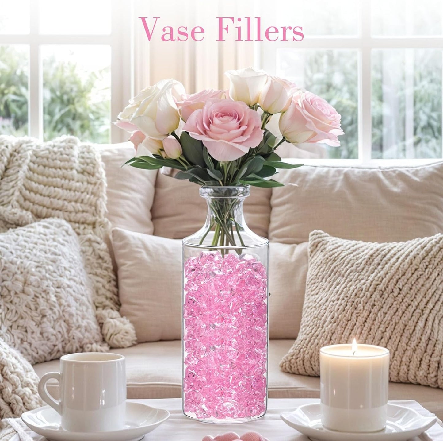 DOMESTAR Pink Fake Ice, 150PCS Acrylic Fake Diamonds, Plastic Crystals Gems, Vase Fillers DIY Craft Makeup Brush Rocks Wedding Party Table Centerpieces Scatter Decorations