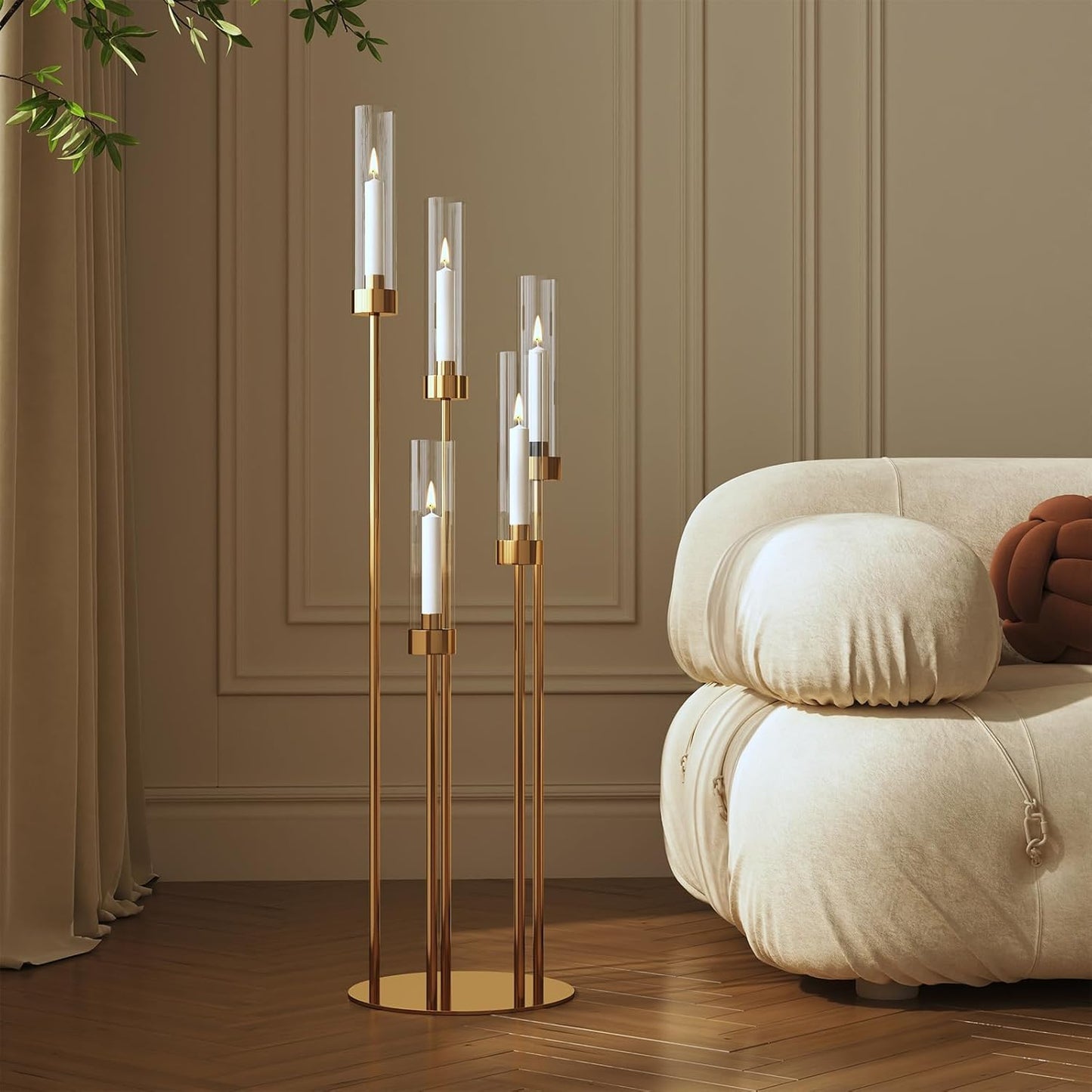 42.5'' Floor Candelabra 5 Arm Candelabra Centerpieces for Tables Gold Candle Sticks Holder 4 Set Tall Metal Candlestick with Acrylic Lampshades for Home Christmas Party (Round)