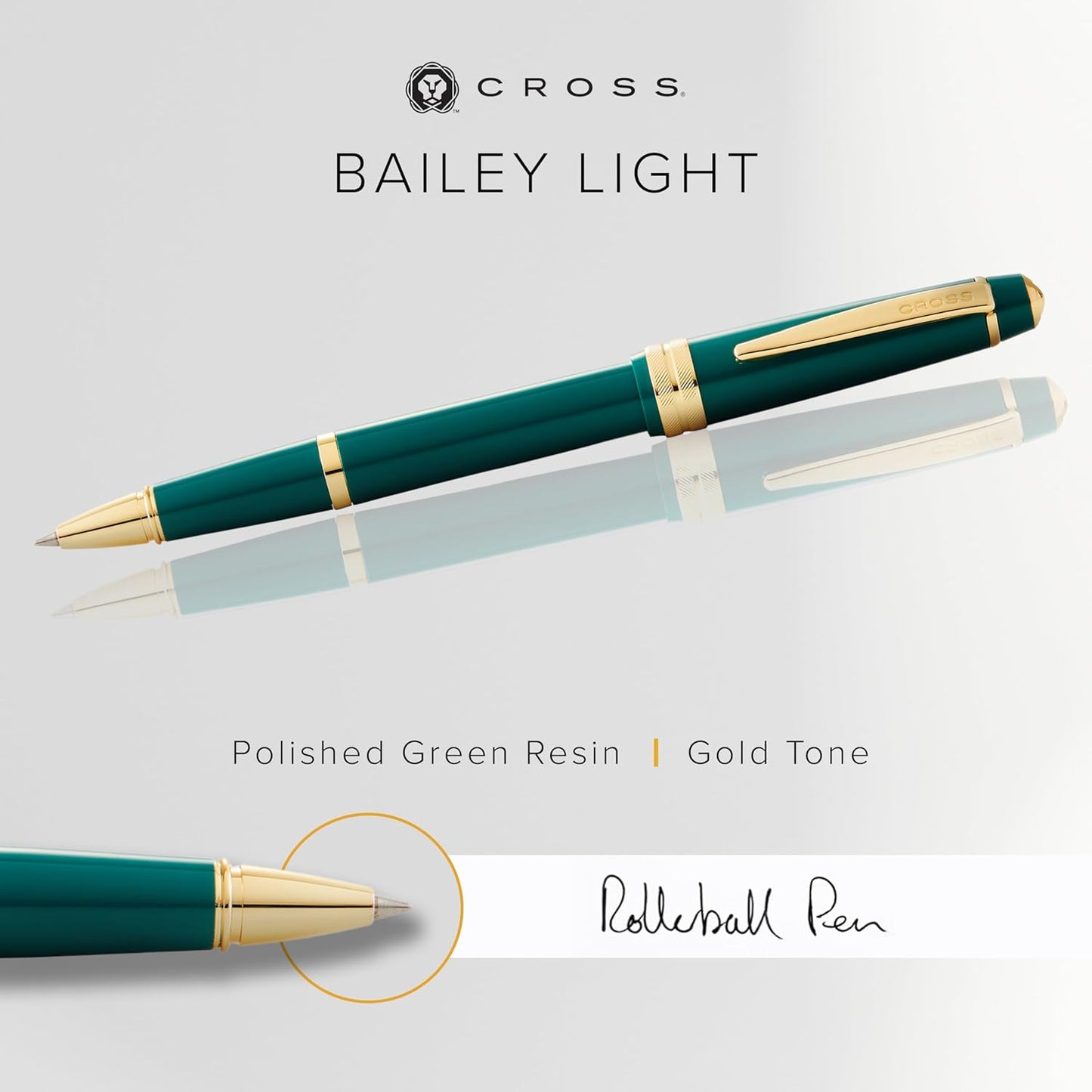 Cross Bailey Light Refillable Rollerball Pen Presented in a Everyday Gift Box - Medium Point, Black Ink, Polished Green