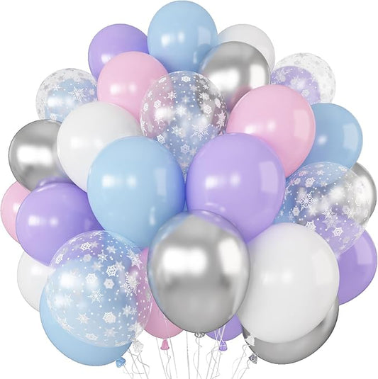Blue Purple Silver Balloon 12 Inch Winter Wonderland Balloon Clear Snowflake Latex Party Balloons for Merry Christmas Xmas Snow Winter Baby Shower Princess Holiday Birthday Party Decorations