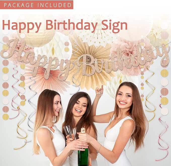 Champagne-Gold Beige Birthday Decorations for Women Girls,Cream Neutral Balloons Décor,Happy Banner,Boho Peach Paper Lanterns Tissue Pom Poms Fan,Anniversary Princess Backdrop Party Supplies