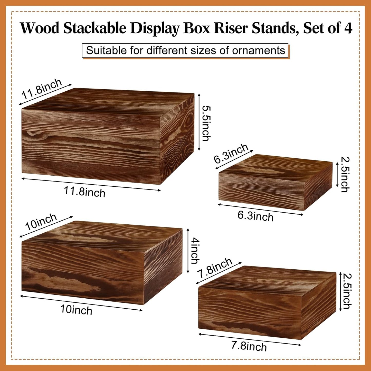 Roowest Set of 4 Wood Display Risers Rustic Cupcake Stand Rustic Wood Cake Stands Wooden Stackable Display Box for Dessert Wedding Birthday Christmas Village Party Decoration(Black Brown)