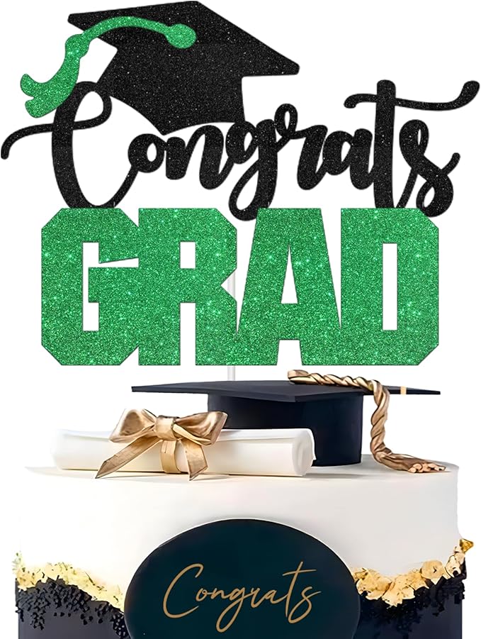 Congrats Grad Cake Topper - High Sohool/College Graduation Party Decoration Supplies - Congratulations Class of 2025 Party Cake Decorations (Green)