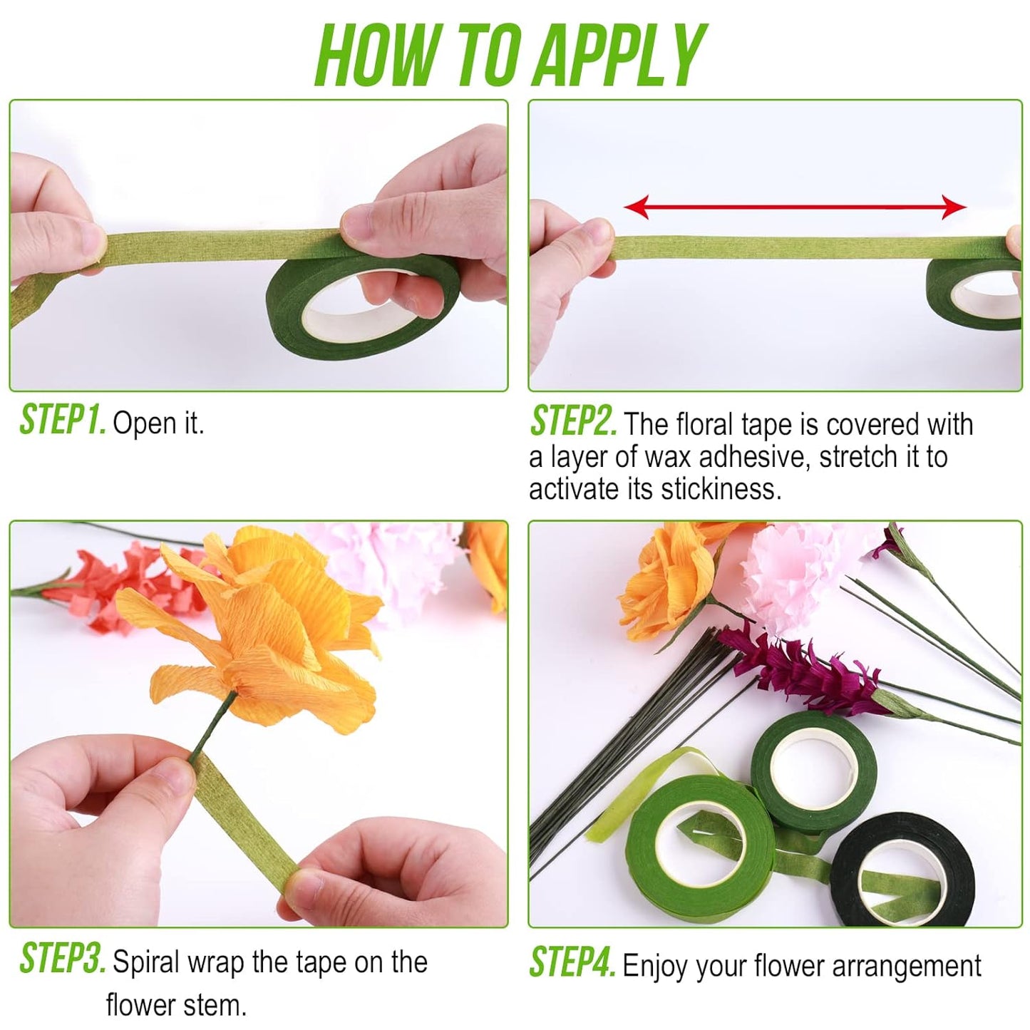 GLAMFIELDS 200 Pieces Green Floral Stem Wire 14 inch 22 Gauge Wire and 3 Rolls 1/2" Wide Floral Tape (30Yard/roll) for Bouquet Stem Wrap, Flower Arrangements Kit, DIY Crafts, Flower Making Supplies