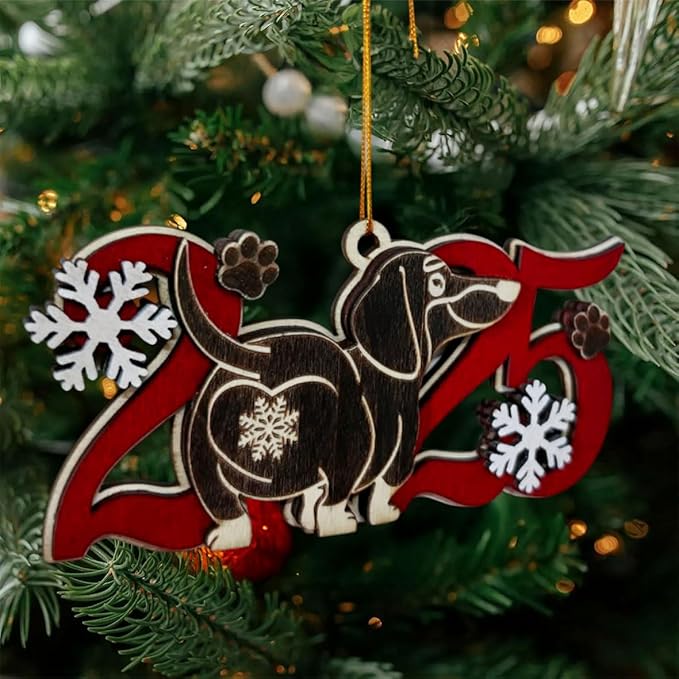 Black Dachshund 2025 Christmas Ornament – Cute Wooden Dog Tree Decoration with Snowflakes & Paw Prints for Dachshund Lovers, Pet Owner Christmas Décor