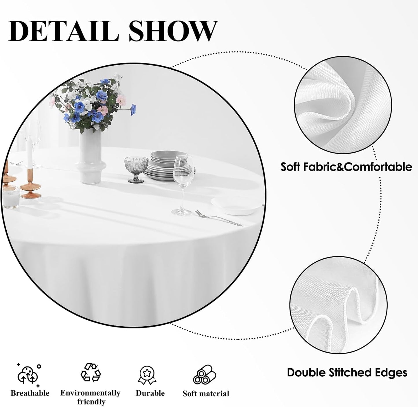 Round Tablecloth 120 Inch 6 Pack White Tablecloths Washable Decorative Linen Polyester Table Clothes Cover for Dining Table Banquets Buffet Parties and Wedding