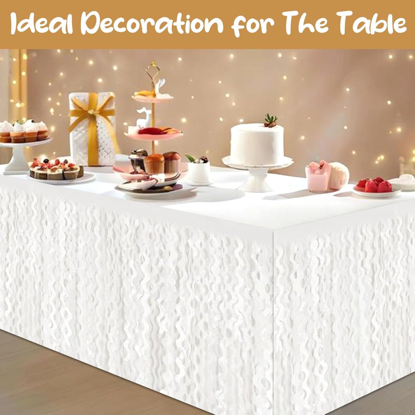 6 Pack 29 x108 Inch Macaron White Wave Foil Fringe Table Skirts Metallic Banner for Tinsel Streamer Garland Backdrop for Parade Floats, Mother's Day, Easter, Wedding, Birthday Party Decoration