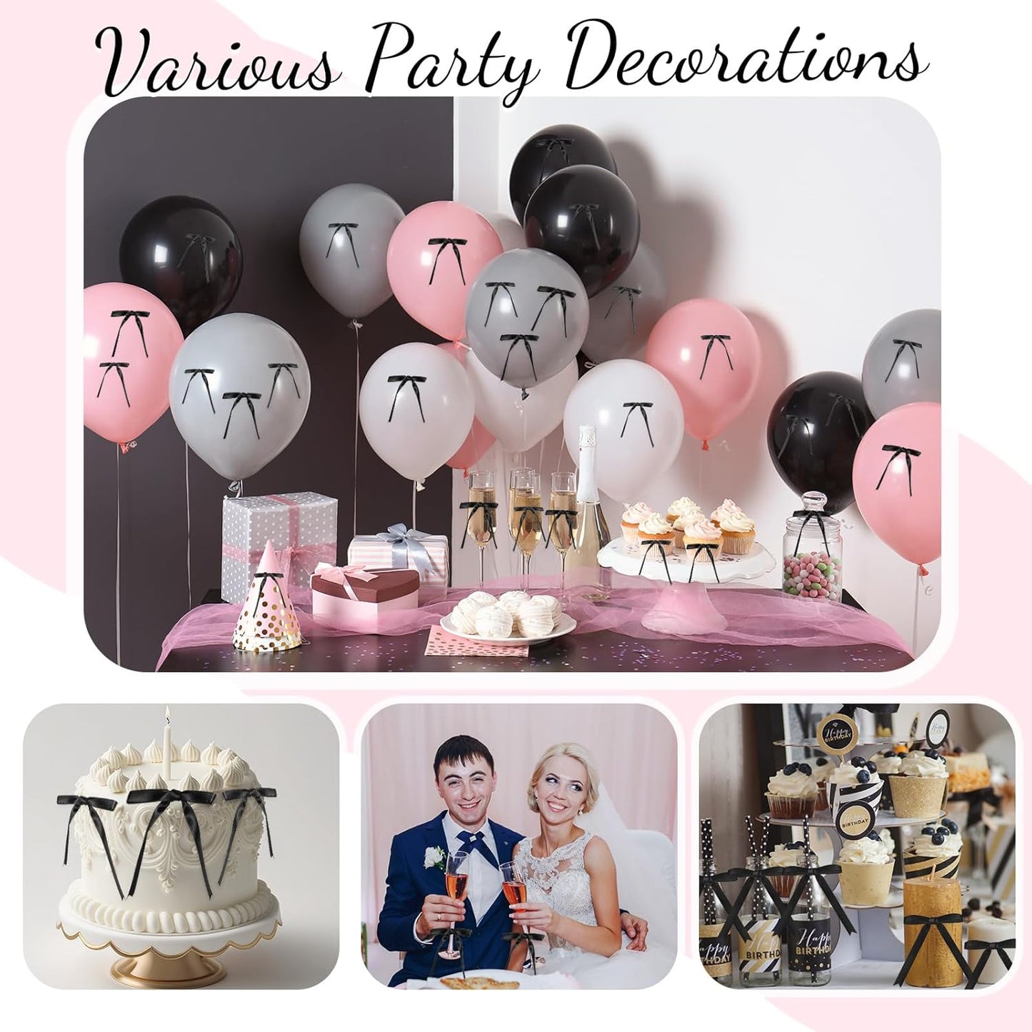 Riceshoot 50 Pcs Twist Tie Bows for Cake 3x4.5 Inch Satin Ribbon Bows for Gift Wrapping Treat Bags Craft DIY Wedding Baby Shower Birthday Party(Black)