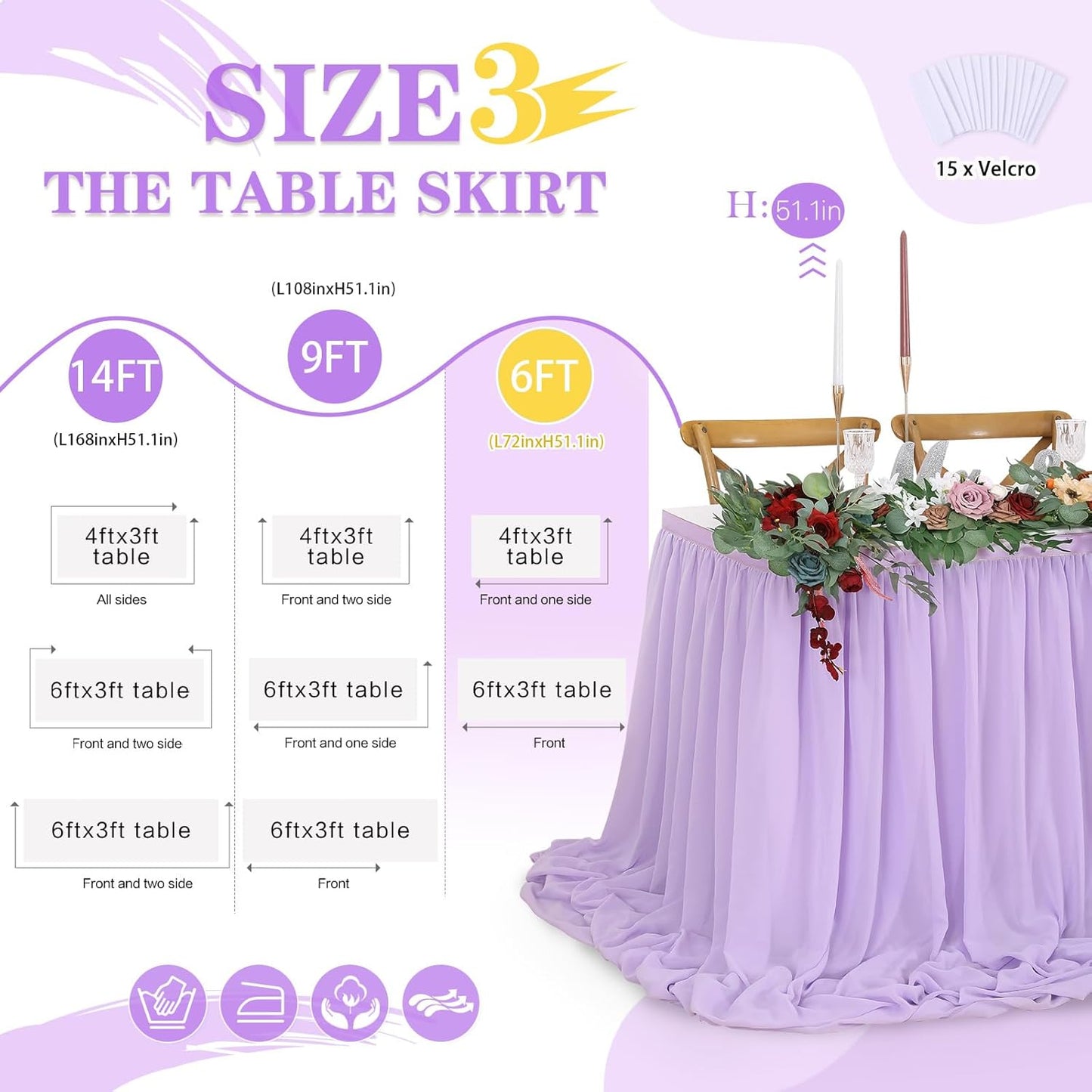 QueenDream Lavender Chiffon Table Skirt 6ft for Rectangle Tables Purple Mermaid Table Skirting for Wedding Birthday Butterfly Party Baby Shower