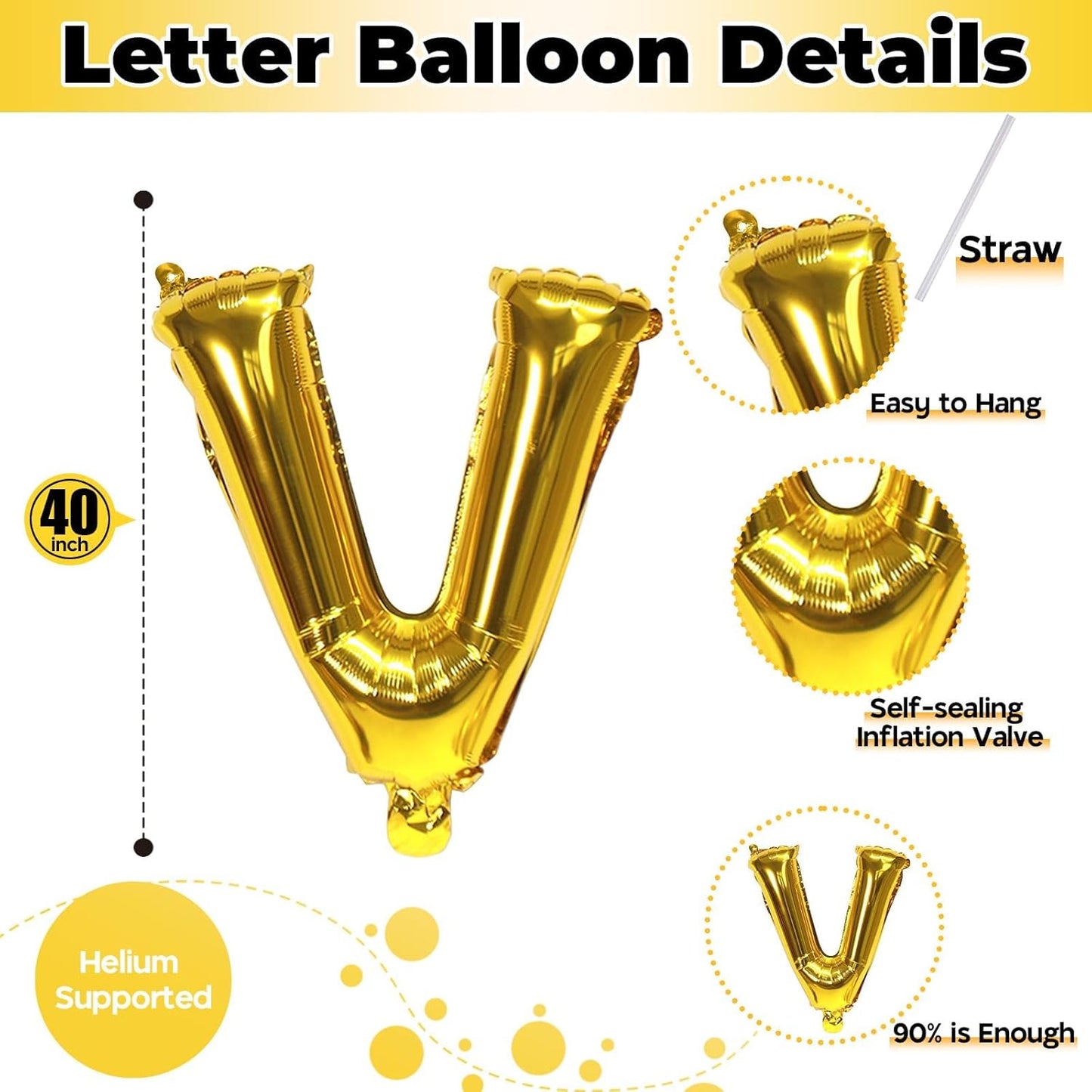 Gold Alphabet Balloons, 40 Inch Custom Name Balloons, Self Inflating Helium Foil Letters for Men Birthday Party Decorations