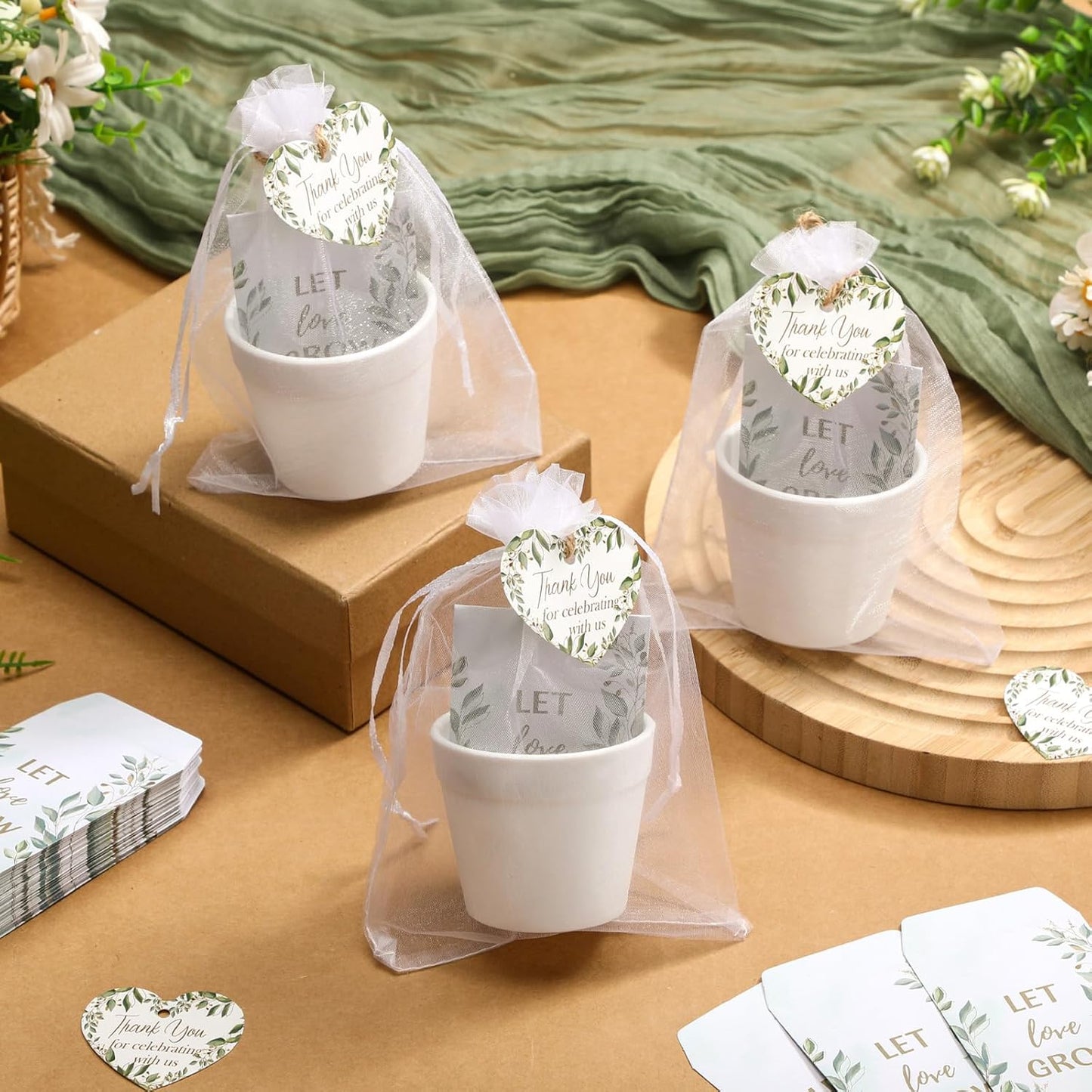 Ctosree 50 Sets Let Love Grow Wedding Favors for Guests Include Self Adhesive Seed Packets (Seed Not Include) White Flowerpot Thank You Tags and Organza Gift Bags for Bridal Shower Wedding Party Favor