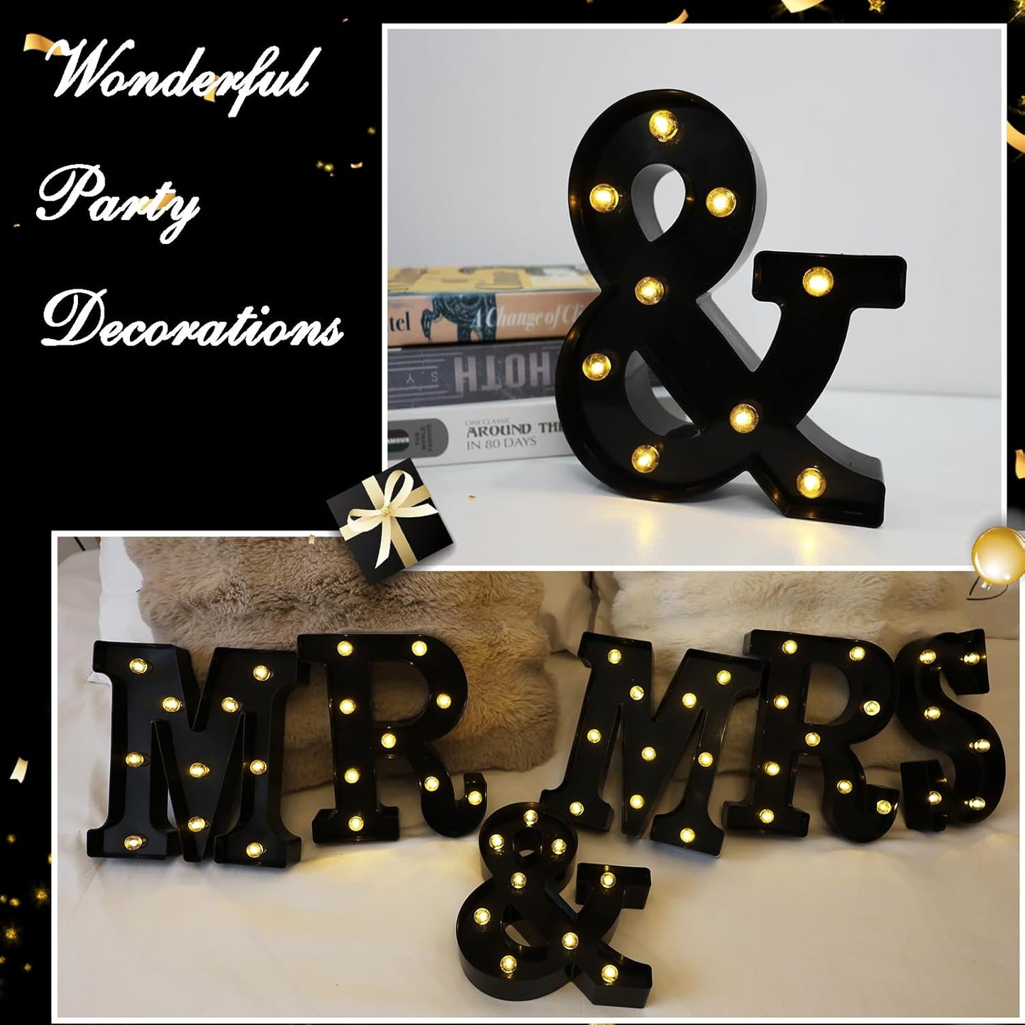 Led Marquee Letters, 8.58 Inch Black Light Up Letters, Small Led Letter Lights, Battery Powered Lighted Letterfor Table, Party, Birthday, Christmas Decor (Black, Letter &)