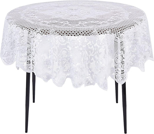 Juvale Round Lace Tablecloth - 59-Inch White Polyester - Scalloped Edge Circle Tablecloth with Floral Overlay & Vintage Decor for Wedding Receptions & Home