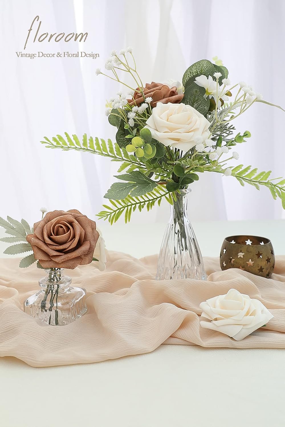 Floroom Artificial Flowers 25pcs Real Looking Gold Sparrow & Cream Foam Fake Roses with Stems for DIY Wedding Bouquets Bridal Shower Centerpieces Floral Arrangements Party Tables Home Decorations