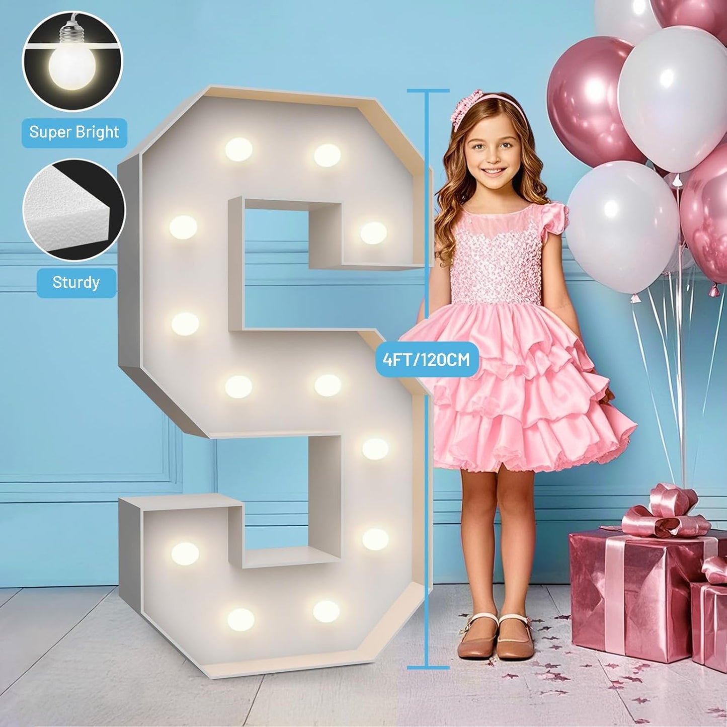 4FT Marquee Light Up Letters S,Party Decoration Large Marquee Light Up Letters with Weighted Water Bag,Pre-cut Foam Board Set Can Be Used for Birthdays,Weddings,Baby Anniversaries