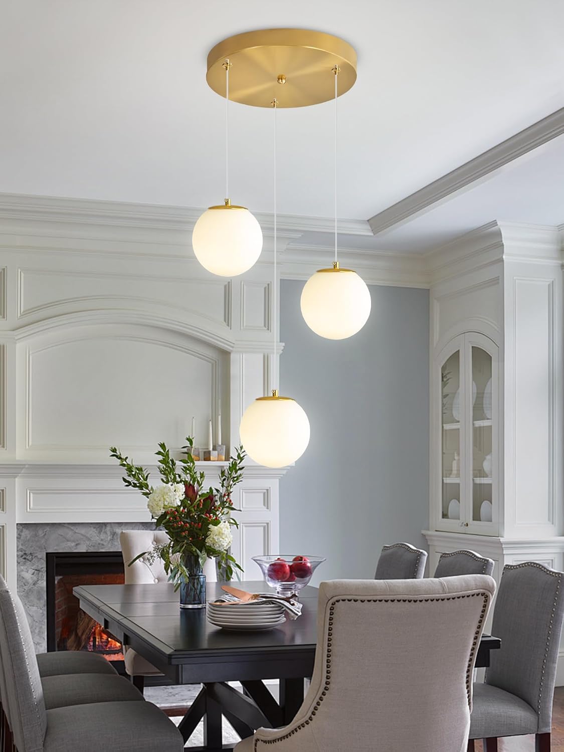3-Lights Globe Glass Pendant Light Modern Gold White Globe Glass Chandelier Mid Century Chandelier Hanging Fixture for Kitchen Island Foyer Hallway Dining Room