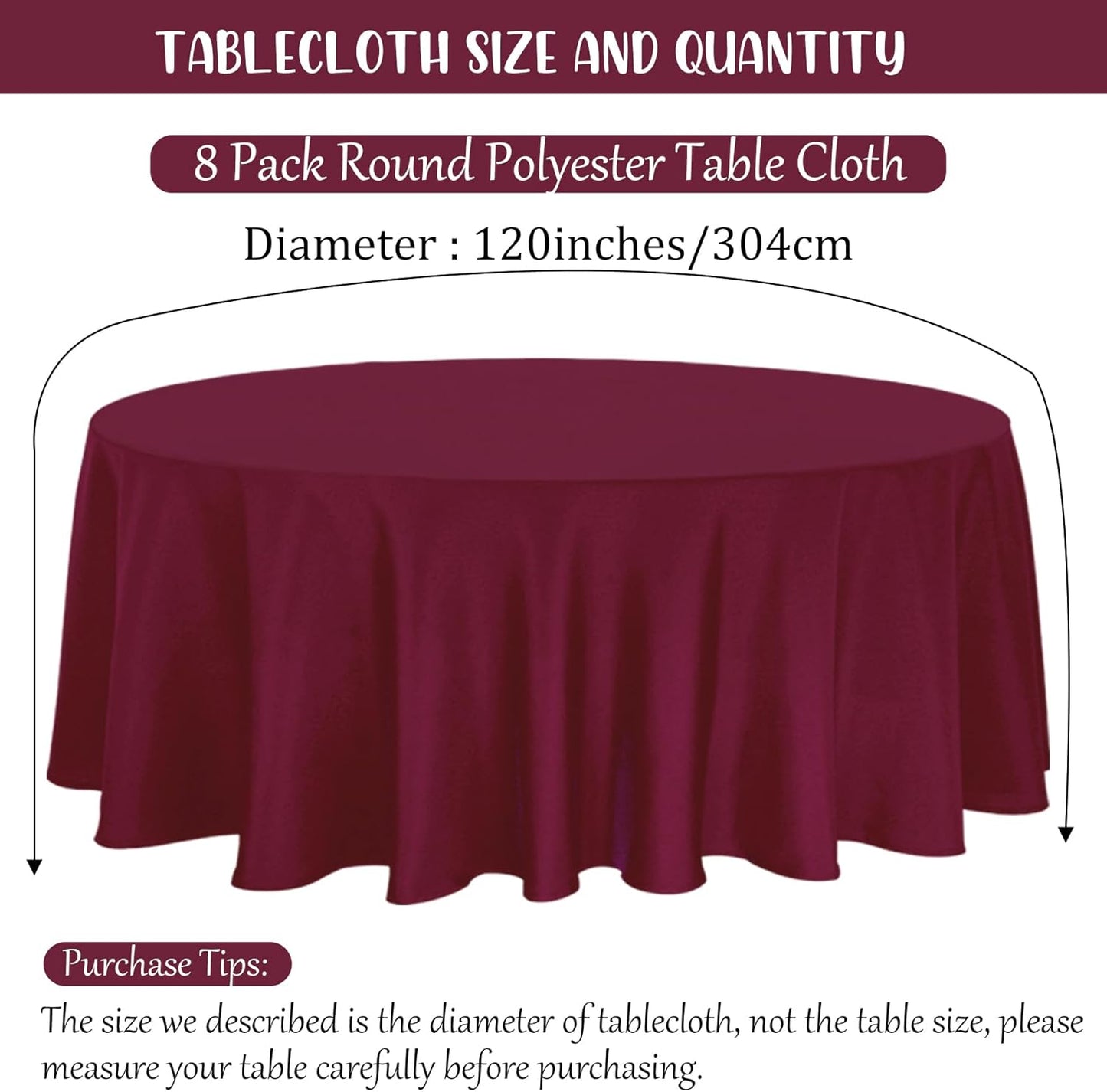 8 Pack Premium Round Tablecloth 120 Inch Round Table Covers Bulk Washable Polyester Fabric Round Table Clothes for Wedding Party Reception Banquet Buffet Restaurant (Burgundy, 120 Inch)