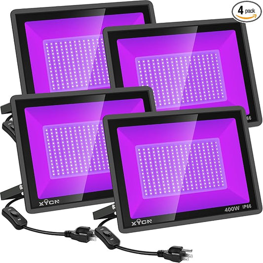 4 Pack 400W LED Flood Black Lights,395nm to 405nm UV Outdoor Flood High Power Blacklight Light with Plug in, IP66 Waterproof Large Black Light Spotlight for Glow Party Large Space, Halloween