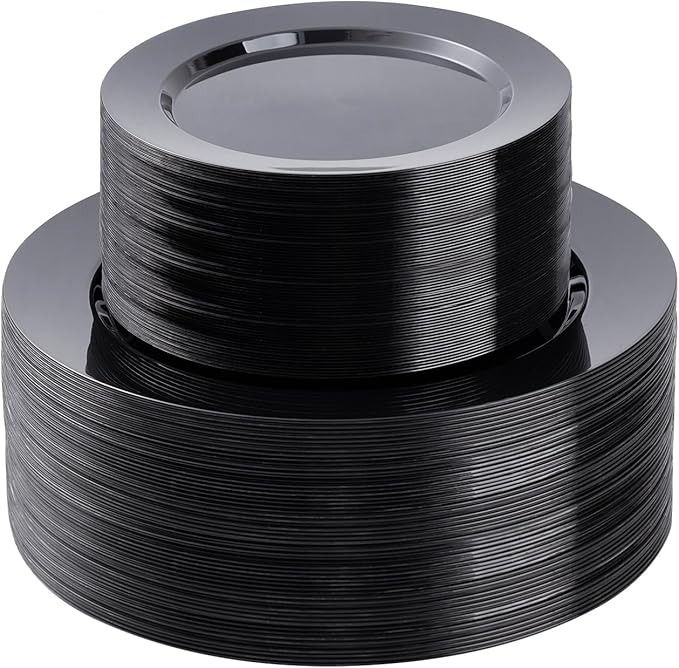 BESTSTAR 100PCS Black Plastic Plates Set, 50 10.25 inch Dinner Plates and 50 7.5 inch Dessert Plates, Premium Disposable Plates for Party, Wedding,Halloween