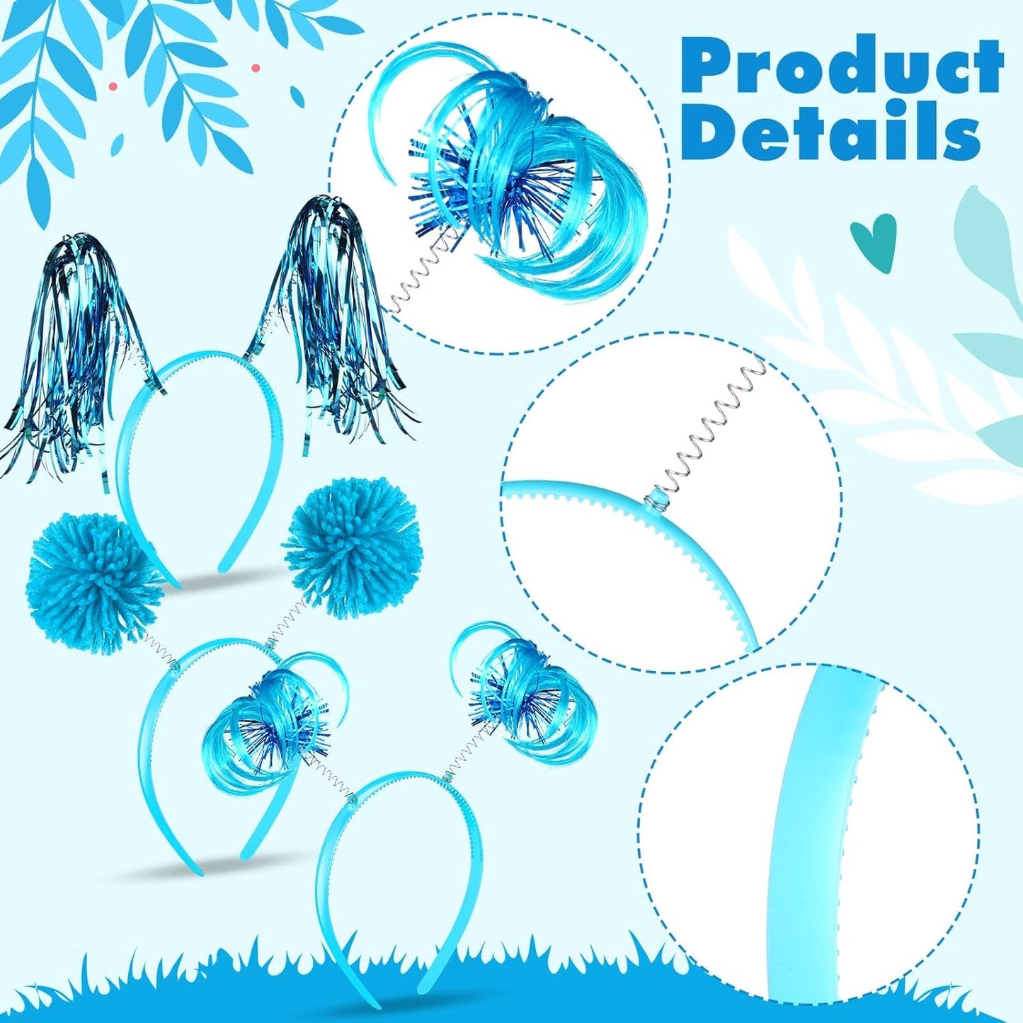 Censen 12 Pcs Halloween Pom Pom Party Headbands Tinsel Ponytails Spirit Head Bopper Headwear for Christmas Birthday Holiday