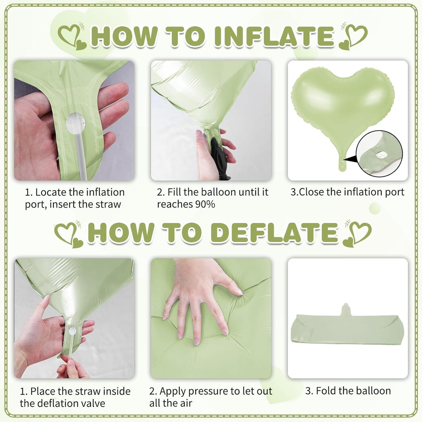 24 Inch Green and White Heart Balloons, Light Green Heart Shaped Foil Balloons, Cream White Helium Balloon for Boho Jungle Wedding Valentines Day Bridal Shower Anniversary Wedding Birthday Decorations