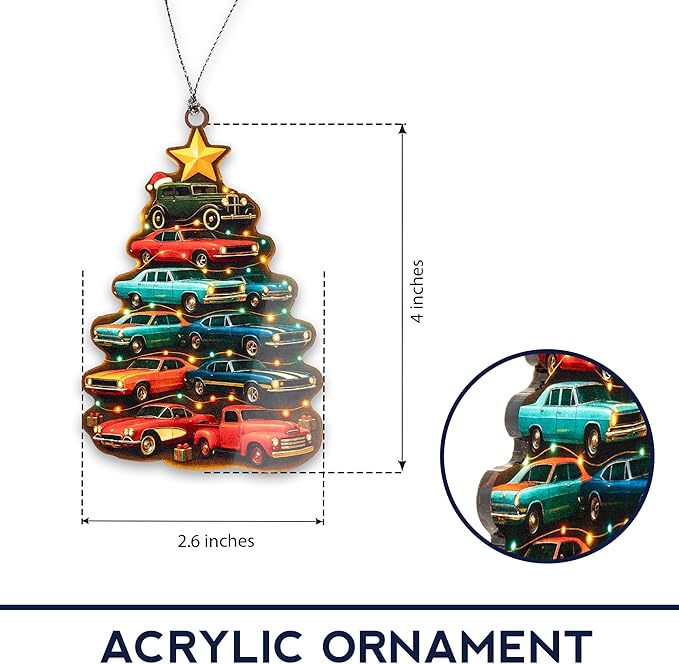Car Ornament – Classic Cars Christmas Decor – Vintage Auto Gift – Retro Muscle Cars Ornament – Holiday Card – Christmas Tree Decoration – Suncatcher Effect Stained Glass Window Hanging – Car Hanging