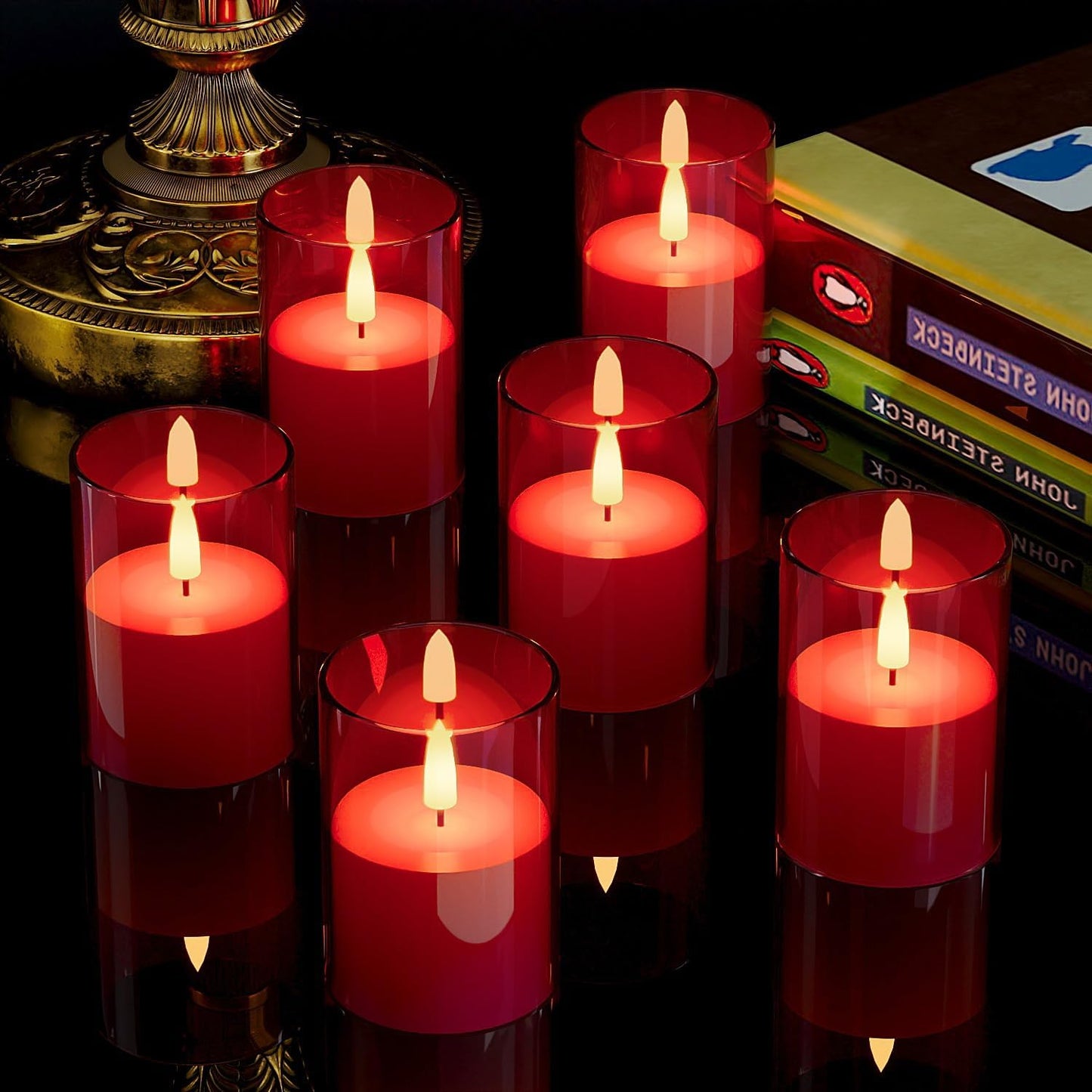 6Pack Flickering Flameless LED Candles with Timer, Battery Powered - Small Pillar & Votive, Red (2"X3")