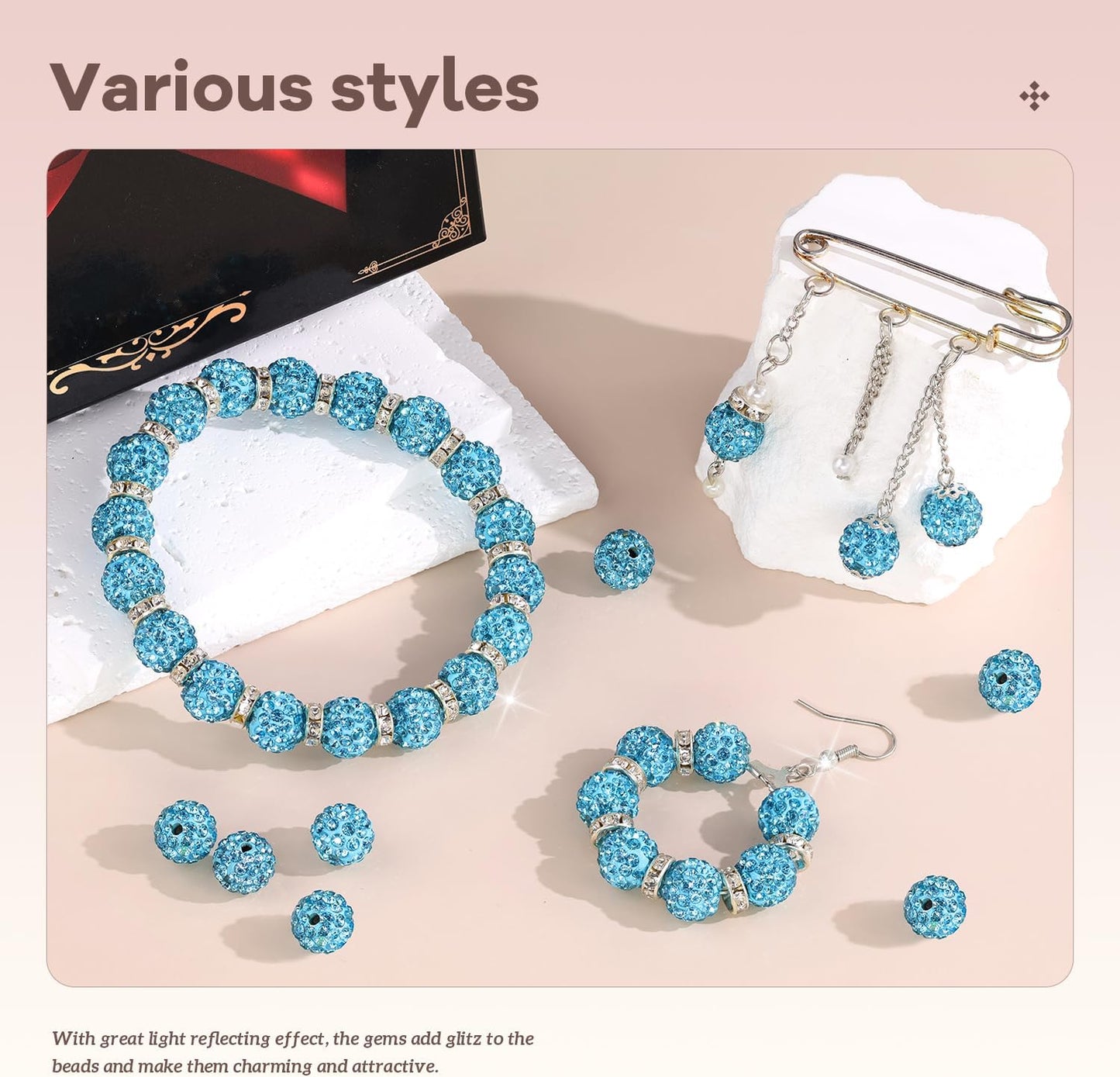 200pcs 10mm Rhinestone Beads for Jewelry Making, Aquamarine Shiny Round Disco Ball Beads Bulk, Sparkle Crystal Clay Christmas for Bracelet Baseball Necklace Earring Crafting and DIY