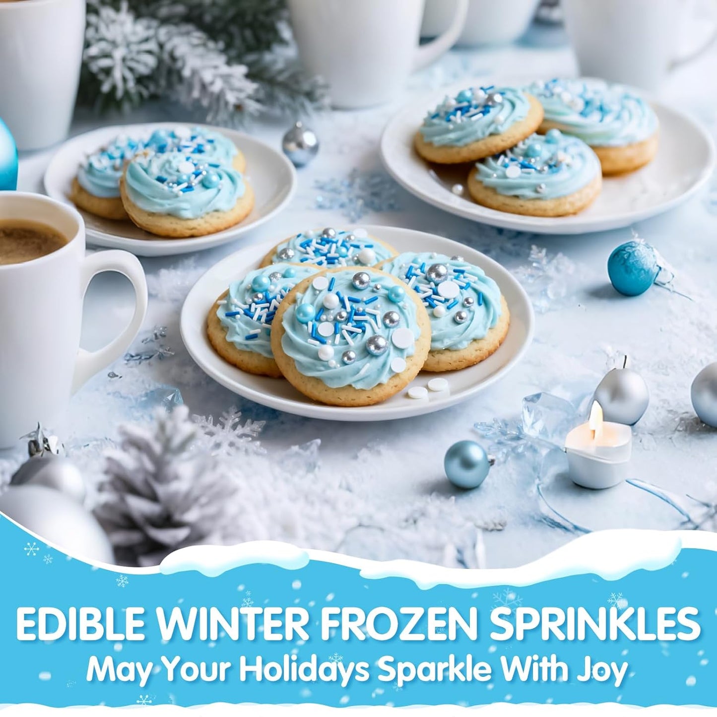 Edible Blue Silver White Sprinkles,Winter Jimmies Pearls Mix,130g/4.58oz,Perfect for Cake Decorations,Cake and Cupcake Sprinkles with Assorted Shapes and Sizes for Parties Baking, Ice Cream, Cookies, Cupcake Topper