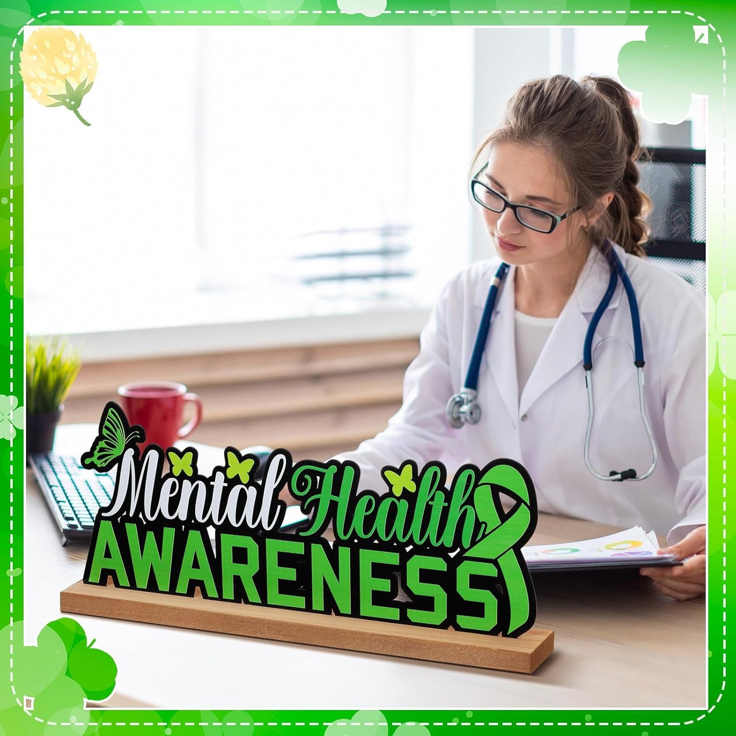 Mental Health Awareness Metal Sign Rustic Table Decor Holiday Tiered Tray Decor with Wooden Base Freestanding Metal Word Sign for Home Tabletop Centerpiece Mantel Shelf Fireplace