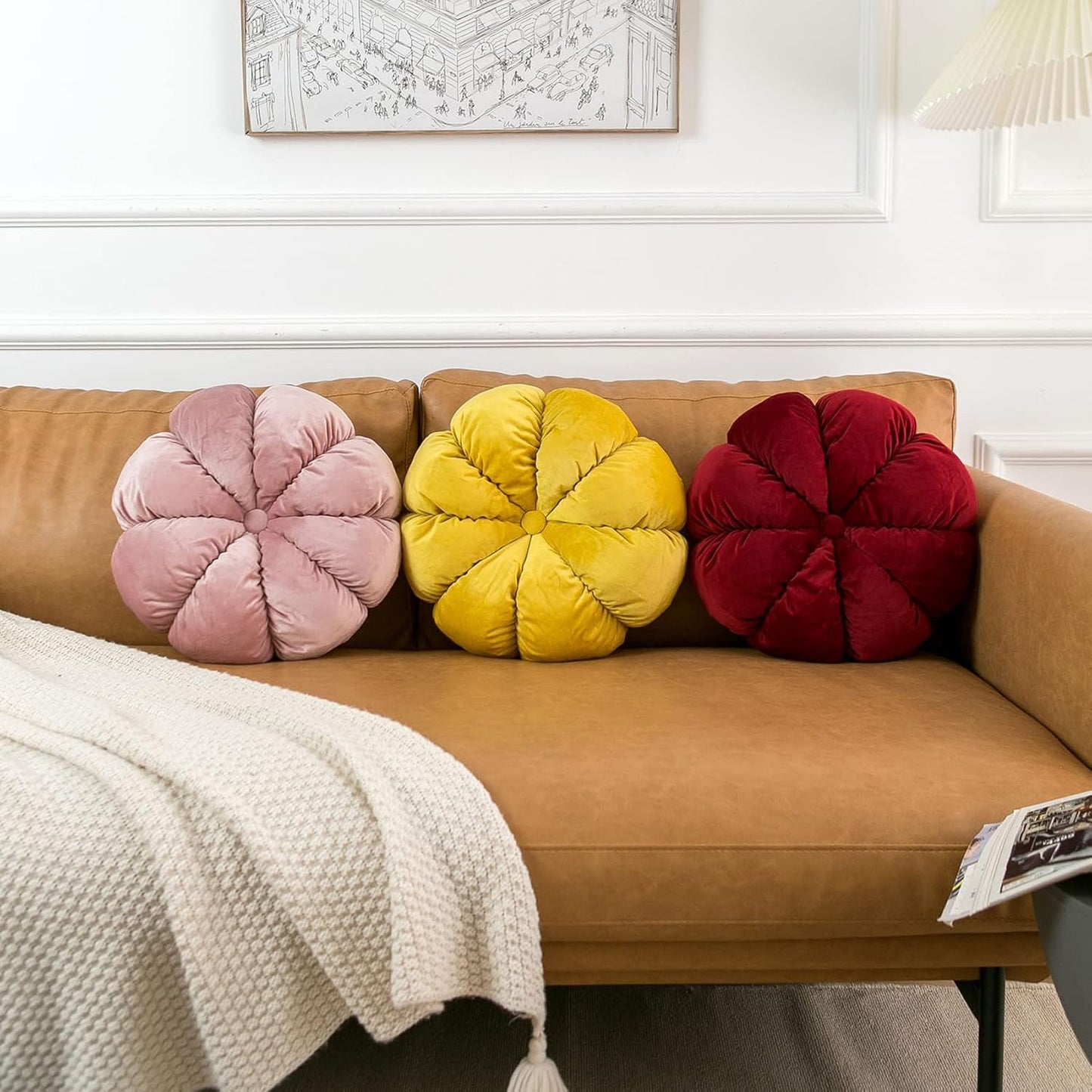 Flower Pillow Cushion Round Decorative Throw Pillow for Couch Bedroom Flower-Shaped Floor Cushion for Girls Kids (Yellow, 15.7”)