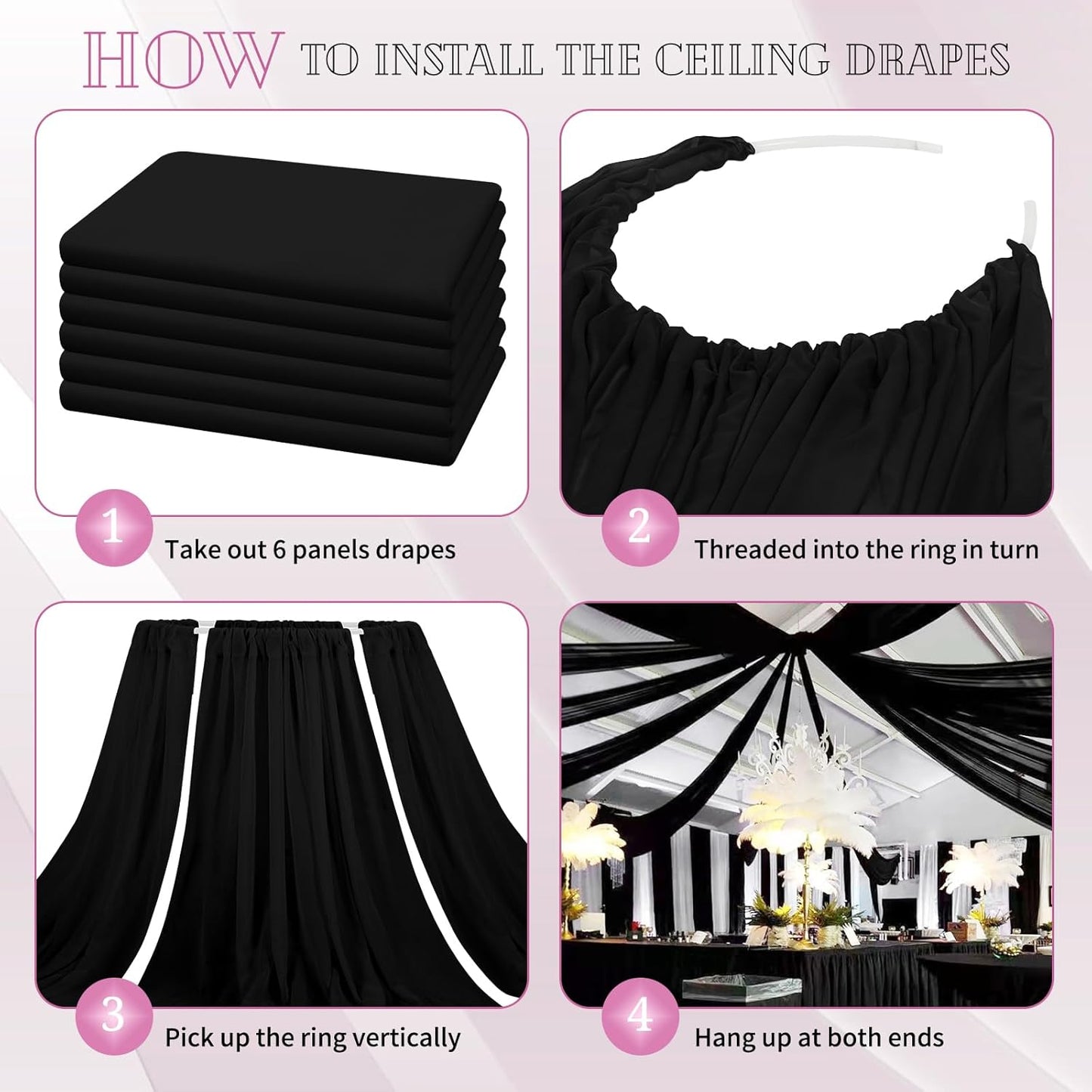 6 Panels Black Ceiling Drapes for Wedding 5ftx40ft Sheer Drapery Chiffon Fabric Arch Draping Curtains for Party Ceremony Birthday Baby Shower Reception Stage Ceiling Decorations