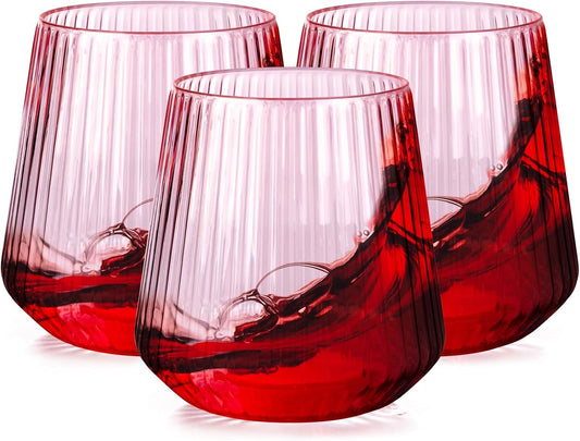 30 Pack Pink Plastic Ribbed Wine Glasses, 14 OZ Origami Stemless Disposable Wine Champagne Whiskey Glasses Unbreakable Clear Plastic Cocktail Glasses, Reusable Wine Cups for Party Wedding & Christmas