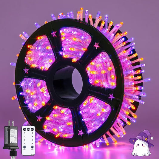 JMEXSUSS 163 FT 500 LED Halloween String Lights Indoor, Orange and Purple Halloween Lights Outdoor, 8 Modes Outdoor Waterproof Clear Wire Christmas String Light Plug in