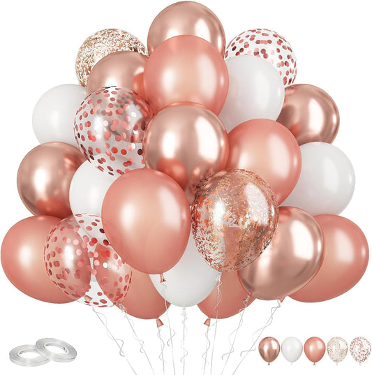 FunHot Rose Gold and White Balloons, 60Pcs Pearl Rose Gold Balloons, 12 Inch Metallic Rose Gold Confetti Balloons Helium Rose Gold Latex Balloons for Baby Shower Wedding Birthday Party Decorations